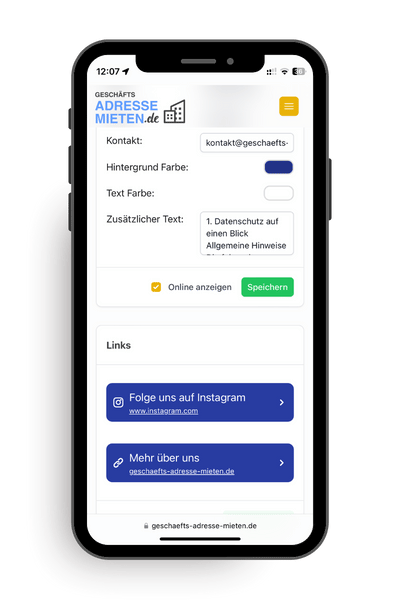 Dashboard-Ansicht der Impressums-Landingpage